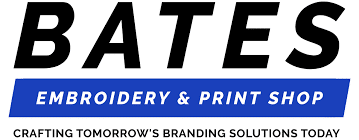 Blue white and black bates embroidery logo with block tagline